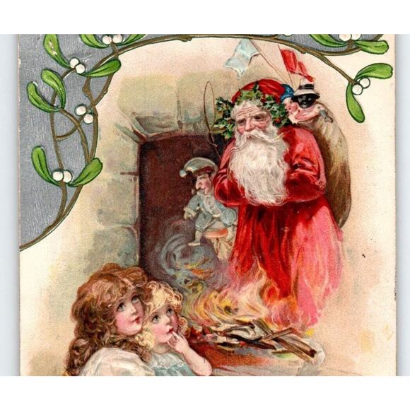 Santa Claus Rises From Fireplace Smoke Christmas Postcard Schmucker John Winsch - Picture 2 of 3